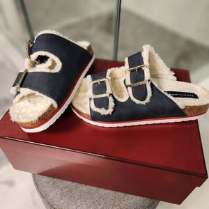 Tommy Hilfiger Double Strap Furry Slides Size 9 Blue, Red, White New
